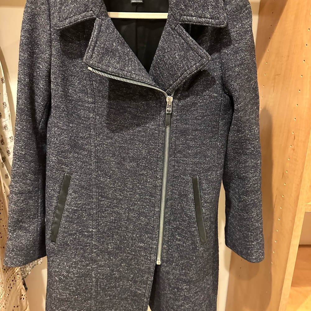 Club Monaco Blue and Gray Trench Coat with Notched Lapel and Asymmetrical Zipper